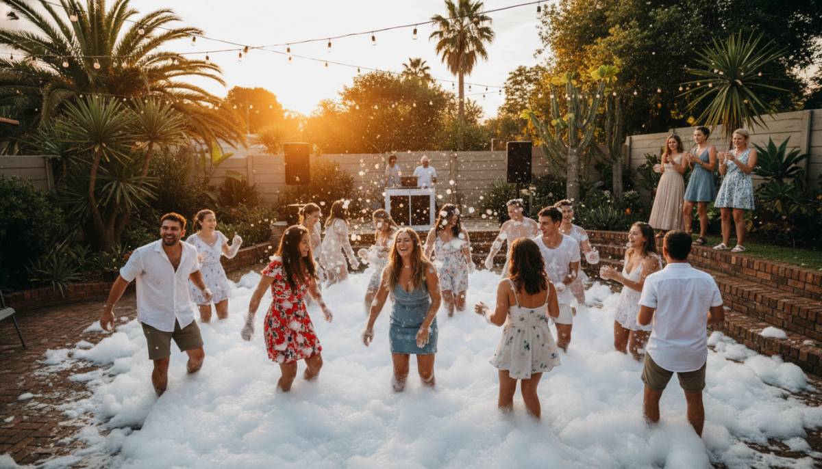 People dancing in foam at sunset