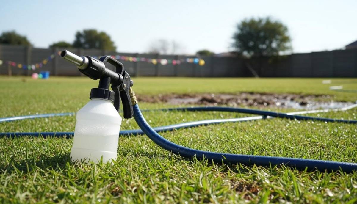 Foam cannon nozzle and hose on grass