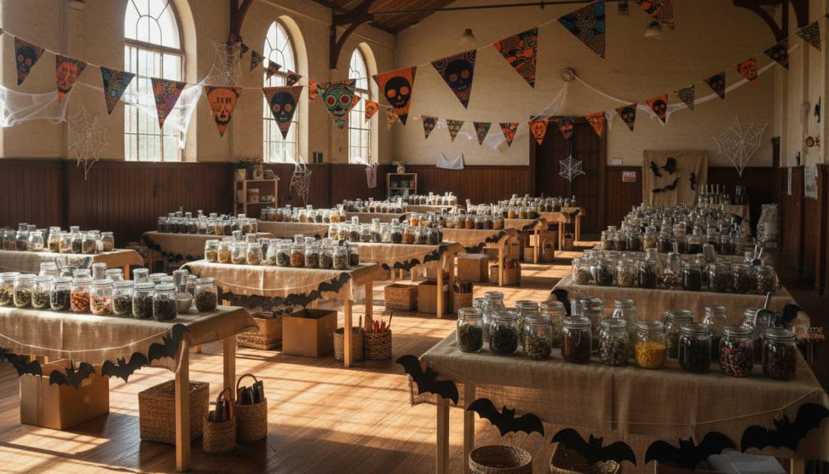 Eco-friendly Halloween market in a school hall