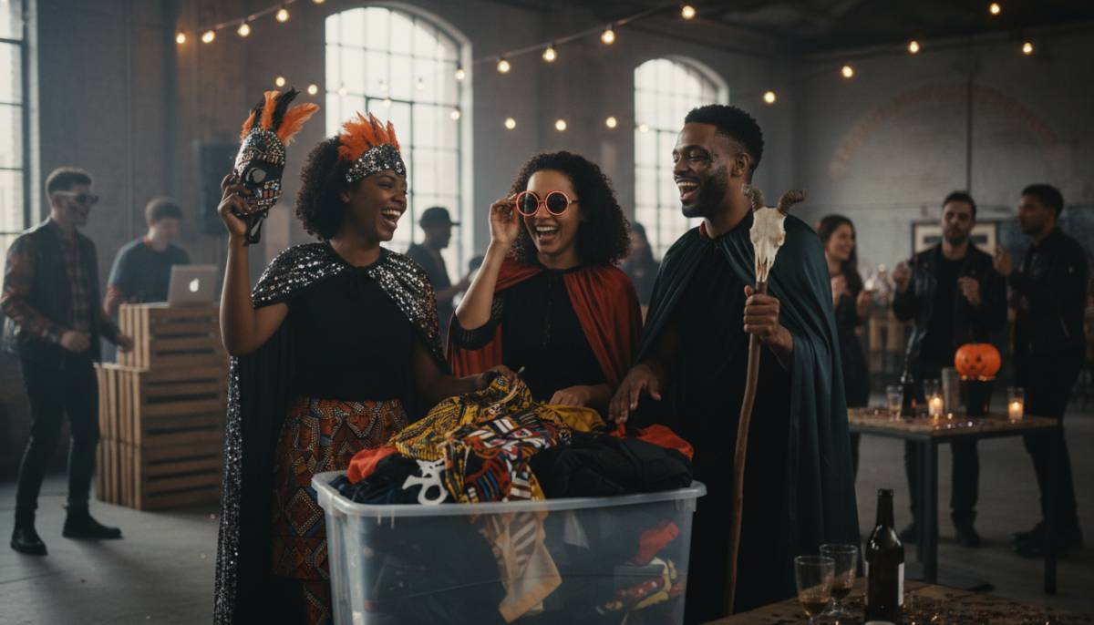 Guests choosing costumes at a Halloween swap