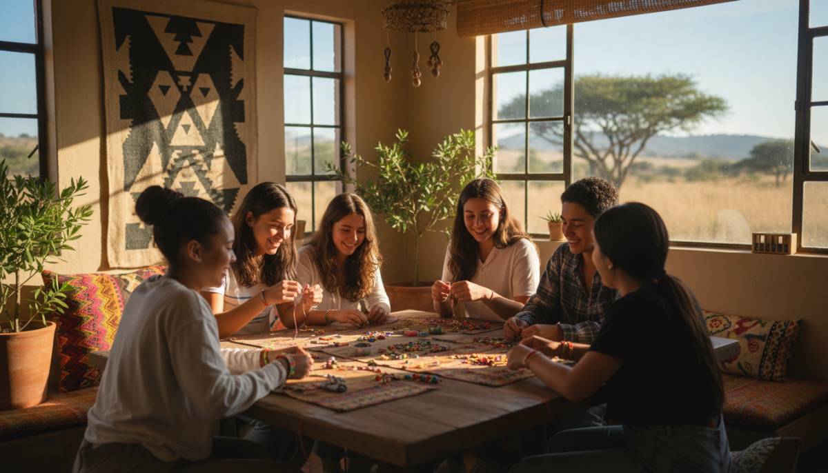 Teenagers making friendship bracelets