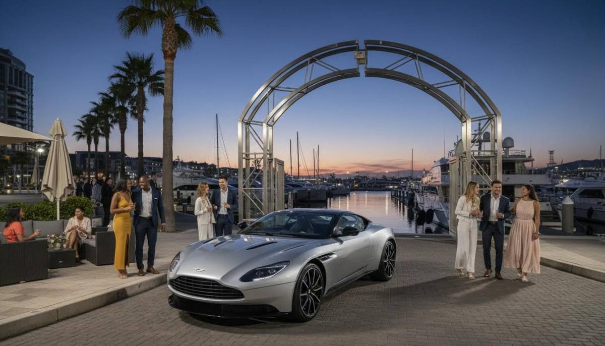 Luxury car at a marina entrance