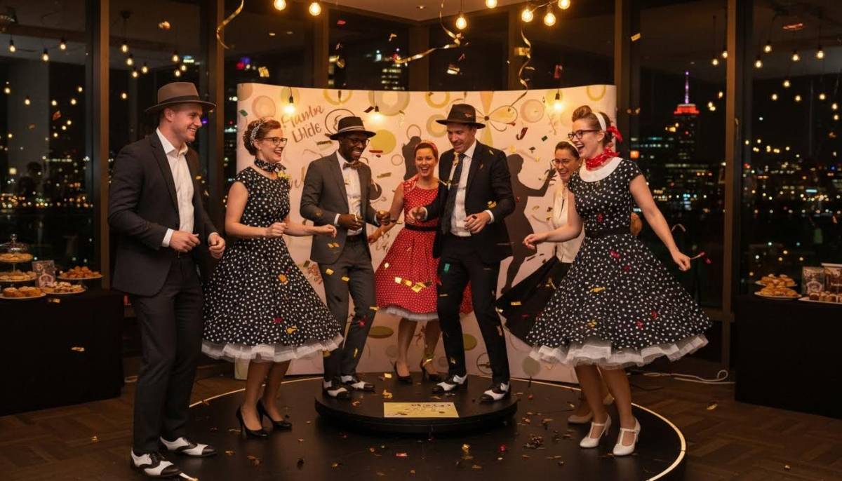 Guests using a rotating photo booth