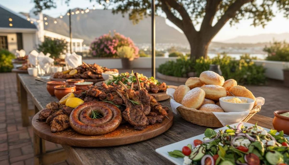 Braai platters and vetkoek on a buffet table