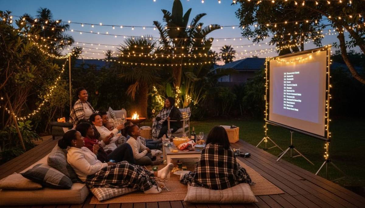 Guests watching movie credits under blankets