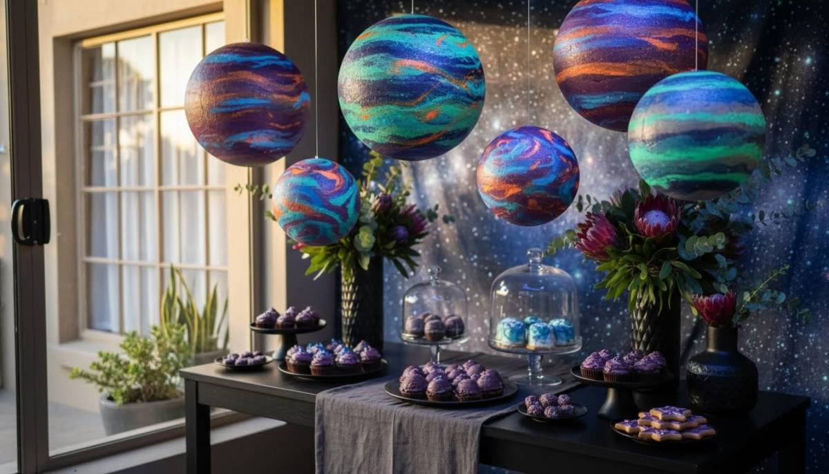 UV painted planets above a black glow dessert table