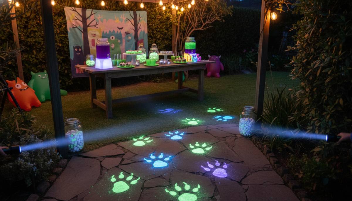 Children using UV torches to find glowing monster footprints in a garden