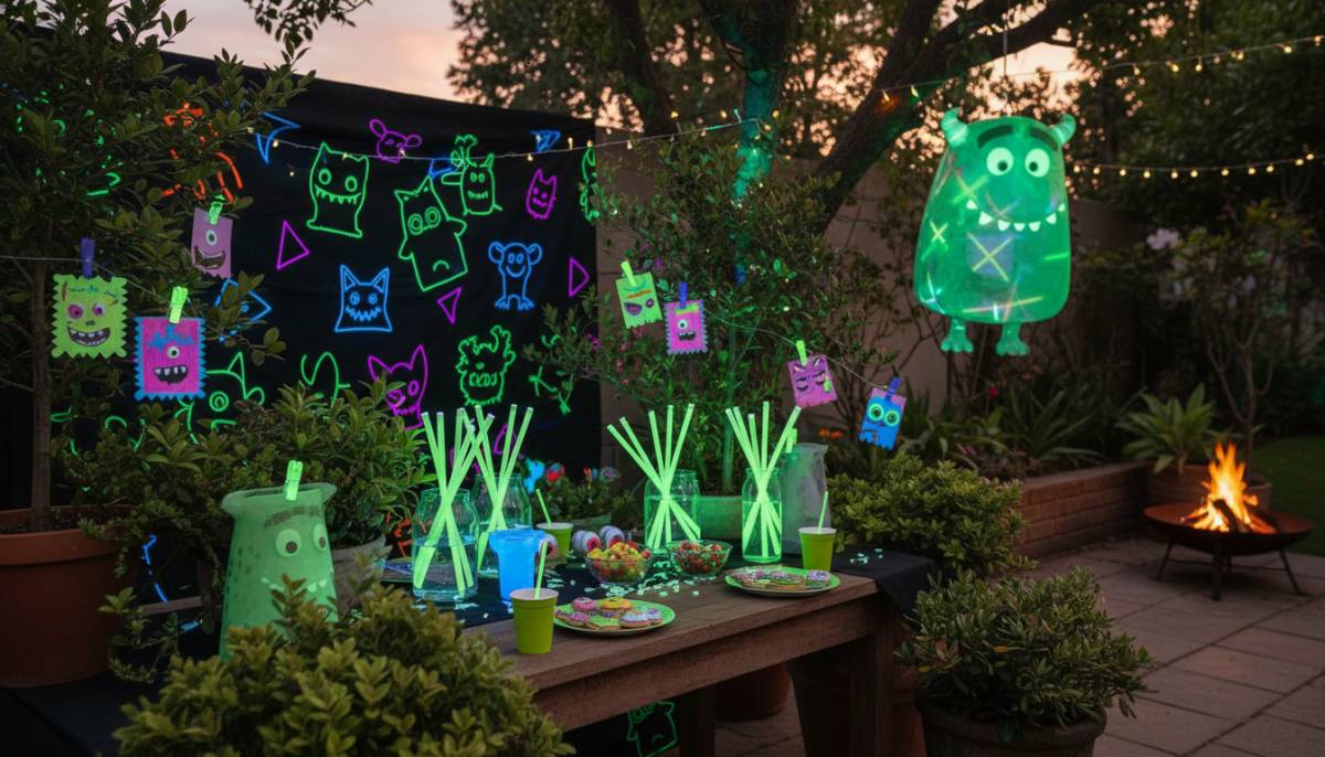 Neon monster clue cards hidden in bushes with glow sticks