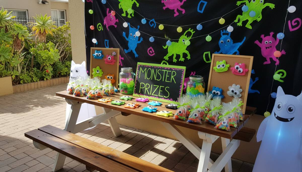 A glow monster hunt prize table with sweets and badges