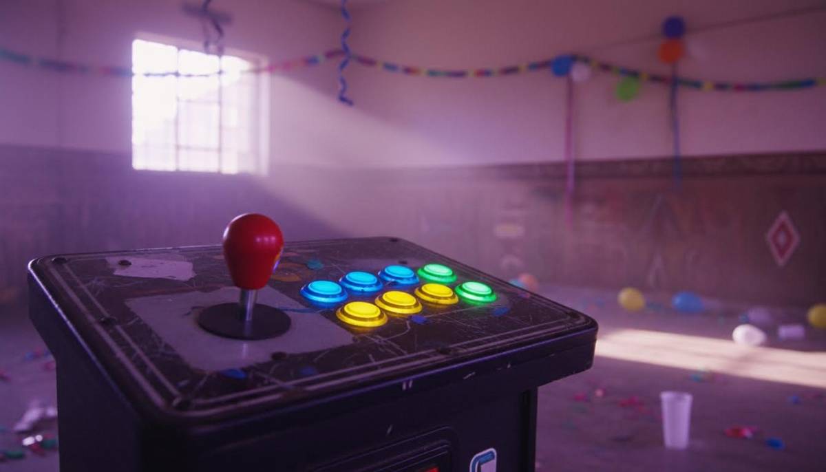 Arcade controls glowing under purple light