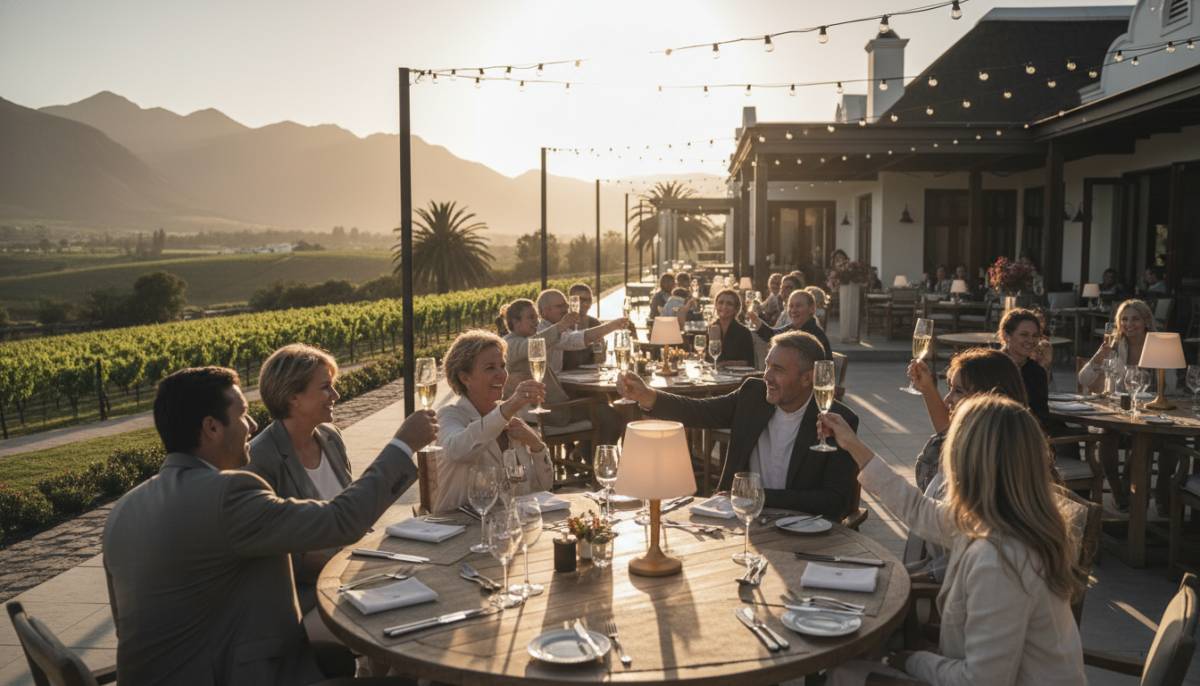 Guests raising glasses at a going away party