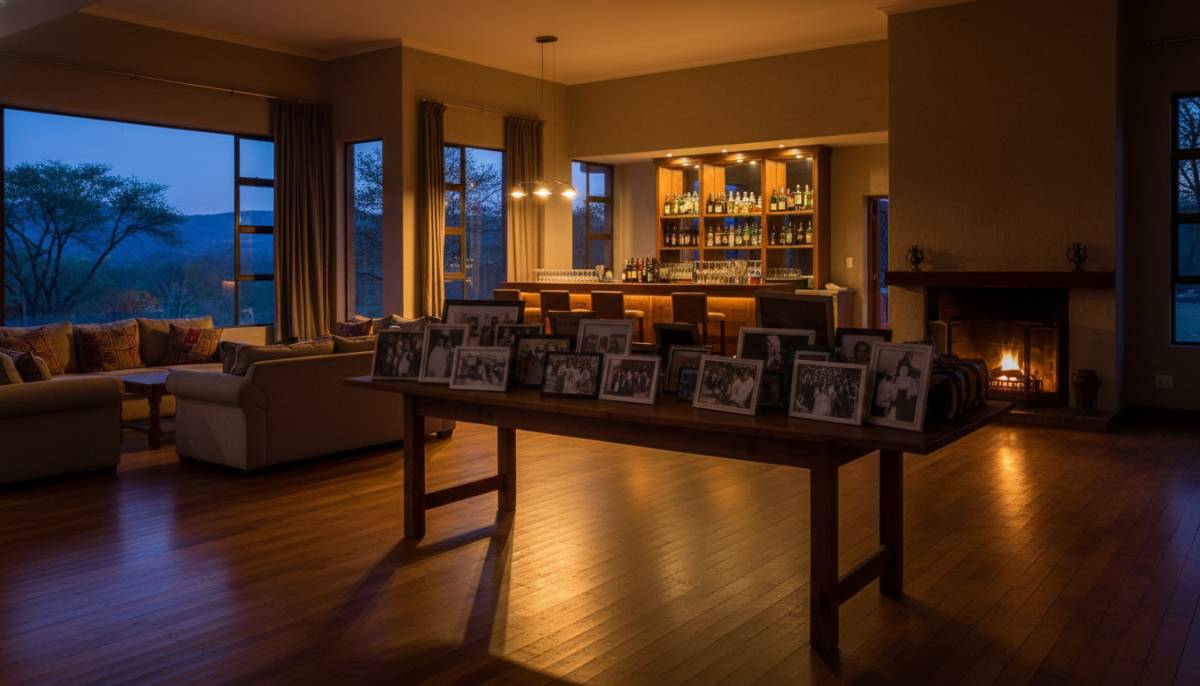 Empty farewell venue with warm lighting before guests arrive