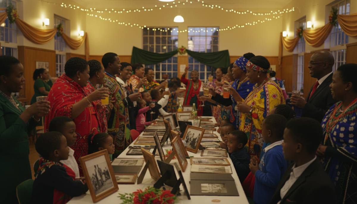 Family looking at photo table at a farewell