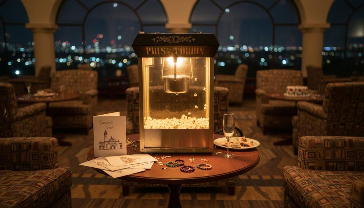 Popcorn machine beside farewell cards