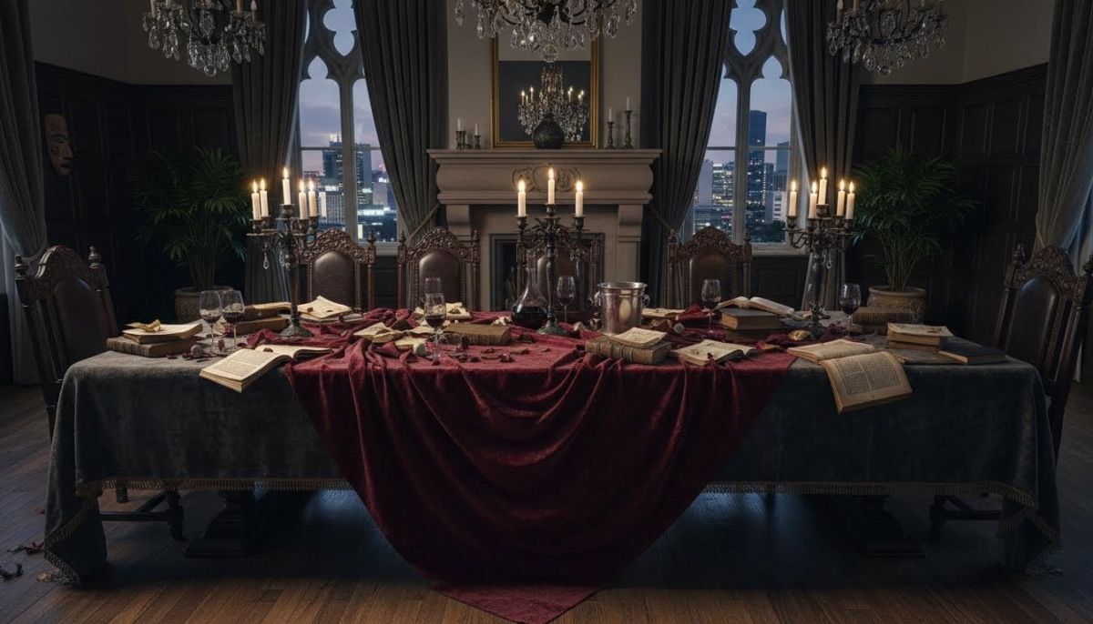Gothic book club table with novels and glasses
