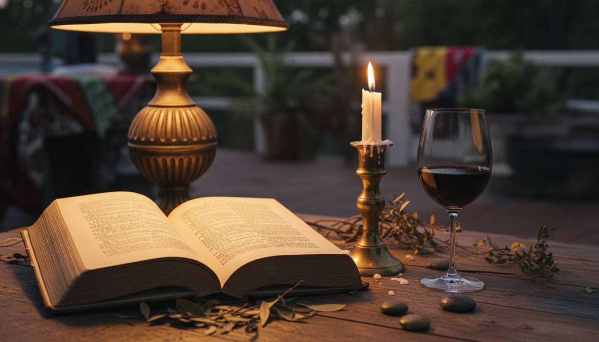 Warm lighting on gothic book table