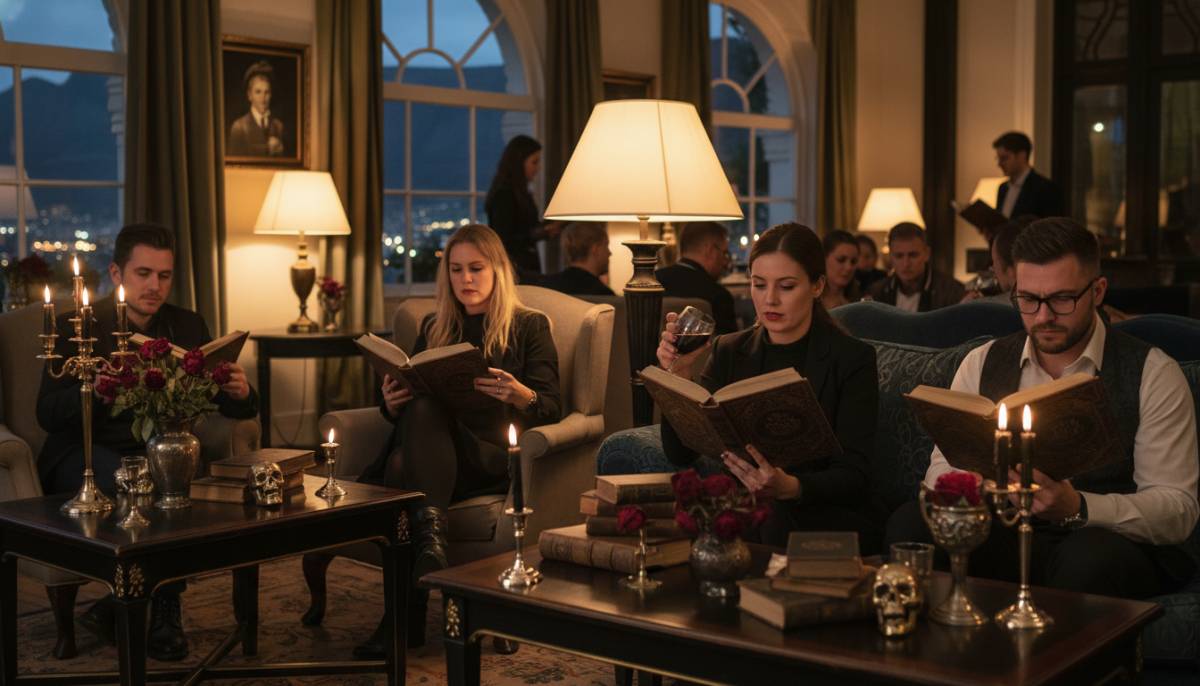 Guests reading at a gothic book club night