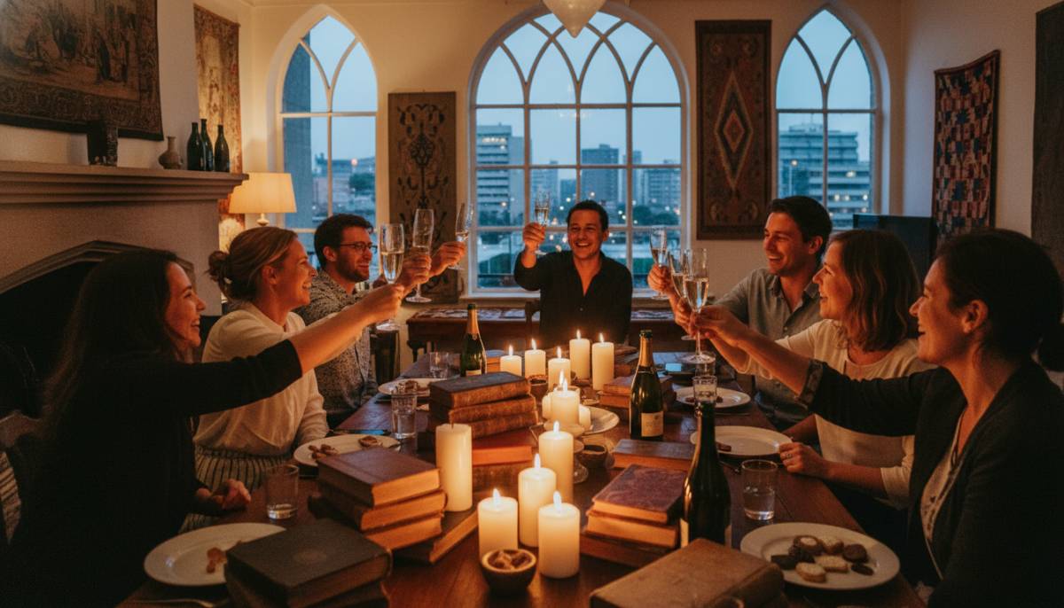 Guests toasting at gothic literature book night