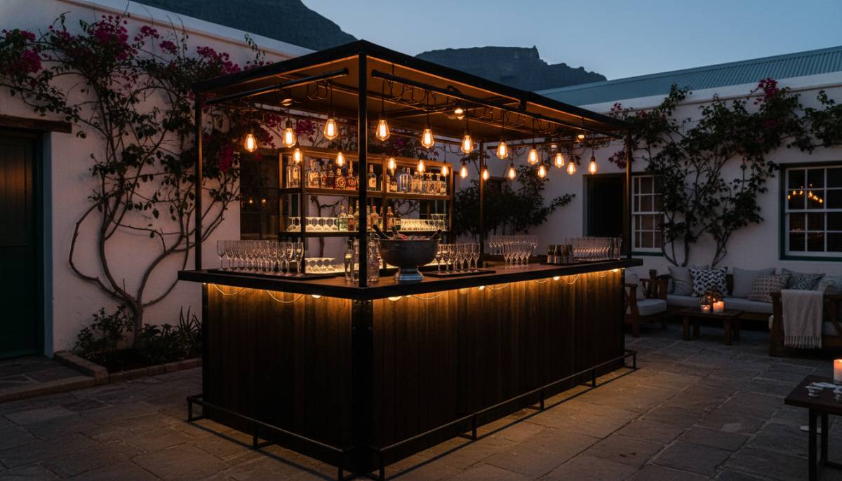 Dark mobile bar setup in courtyard