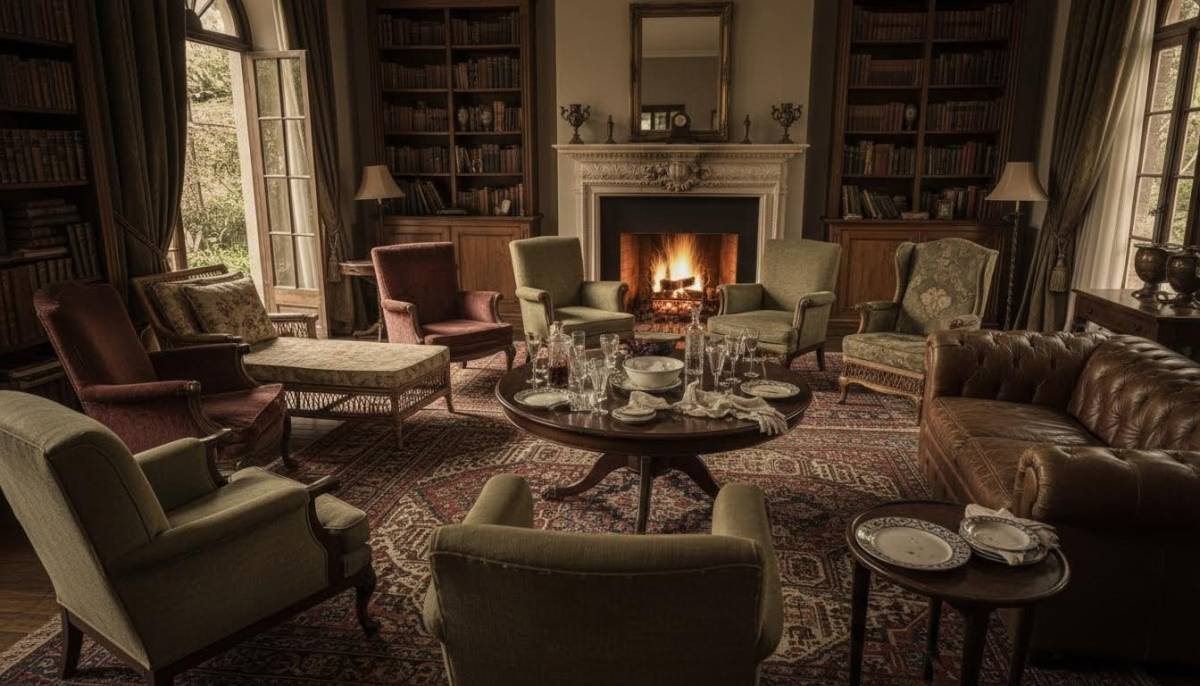 Vintage lounge seating arranged for book discussion