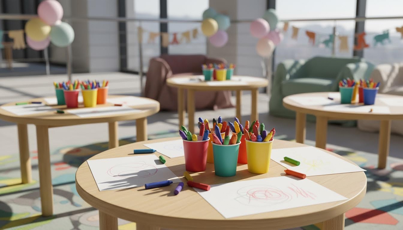 Low party tables with crayons