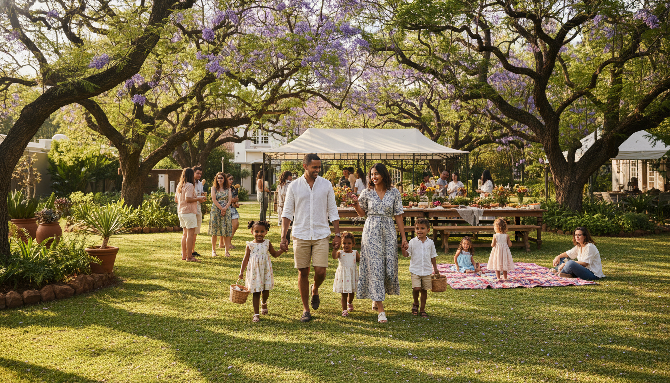 Families arriving at a shaded preschool party