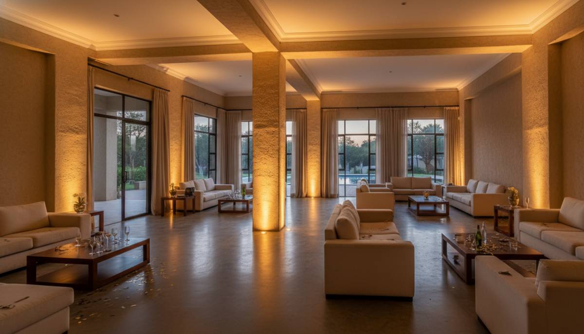 Estate clubhouse softened with warm lighting