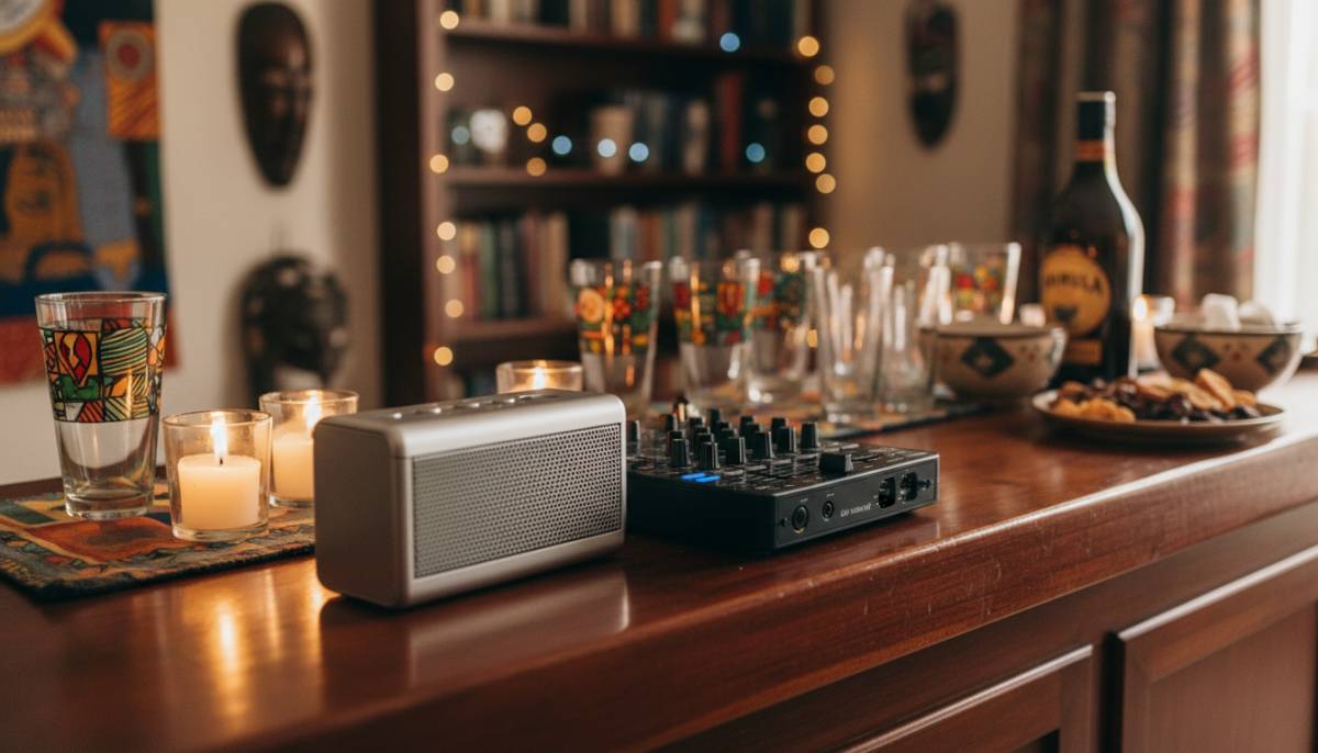 Compact sound setup near a candlelit bar
