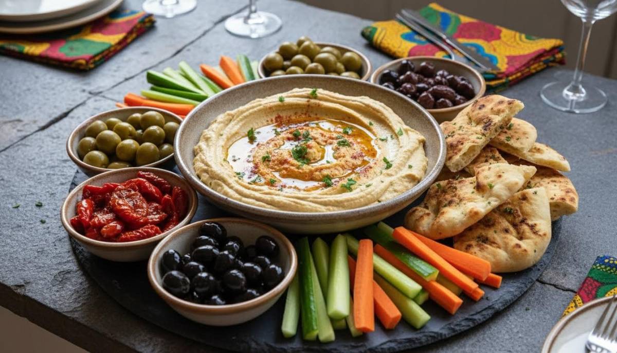 Mezze platter on a dark counter