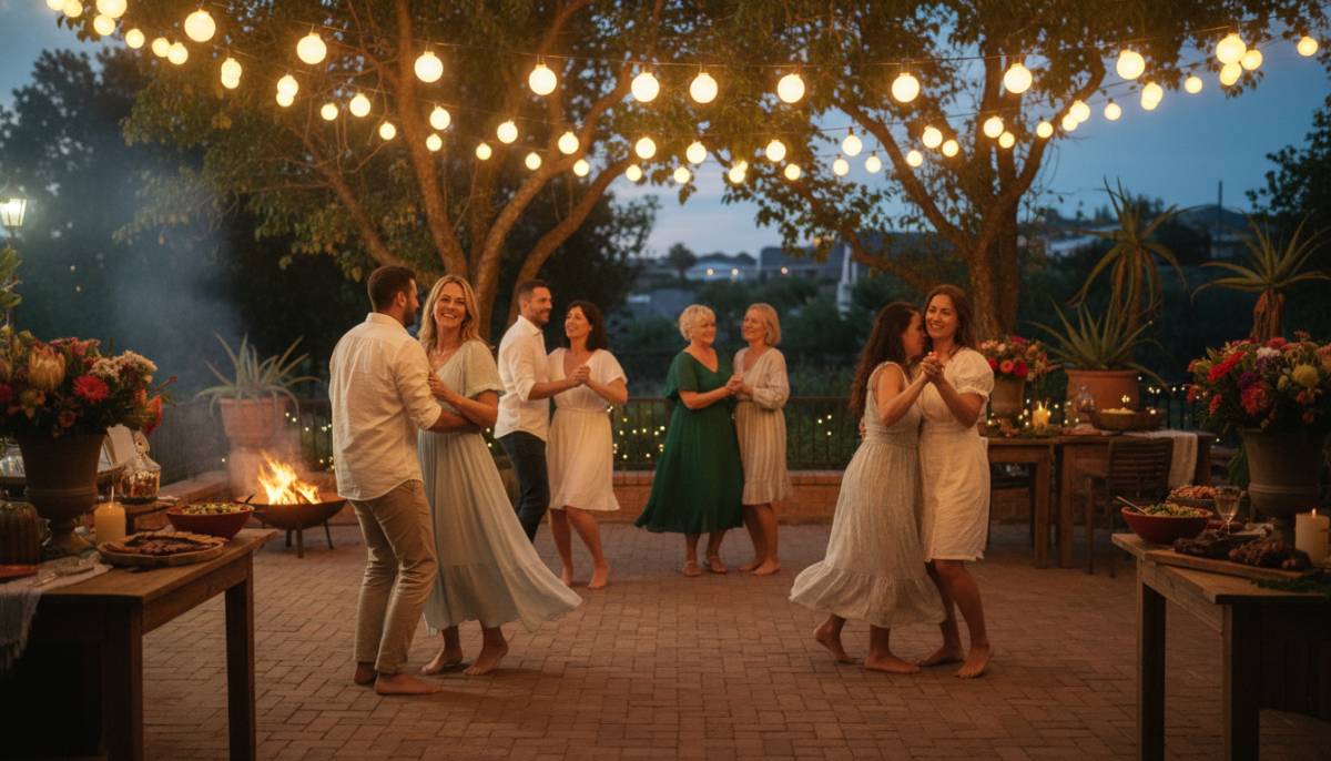 Guests dancing under patio lights