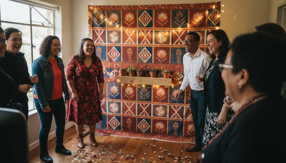 Guests using a photo area at a cultural holiday party