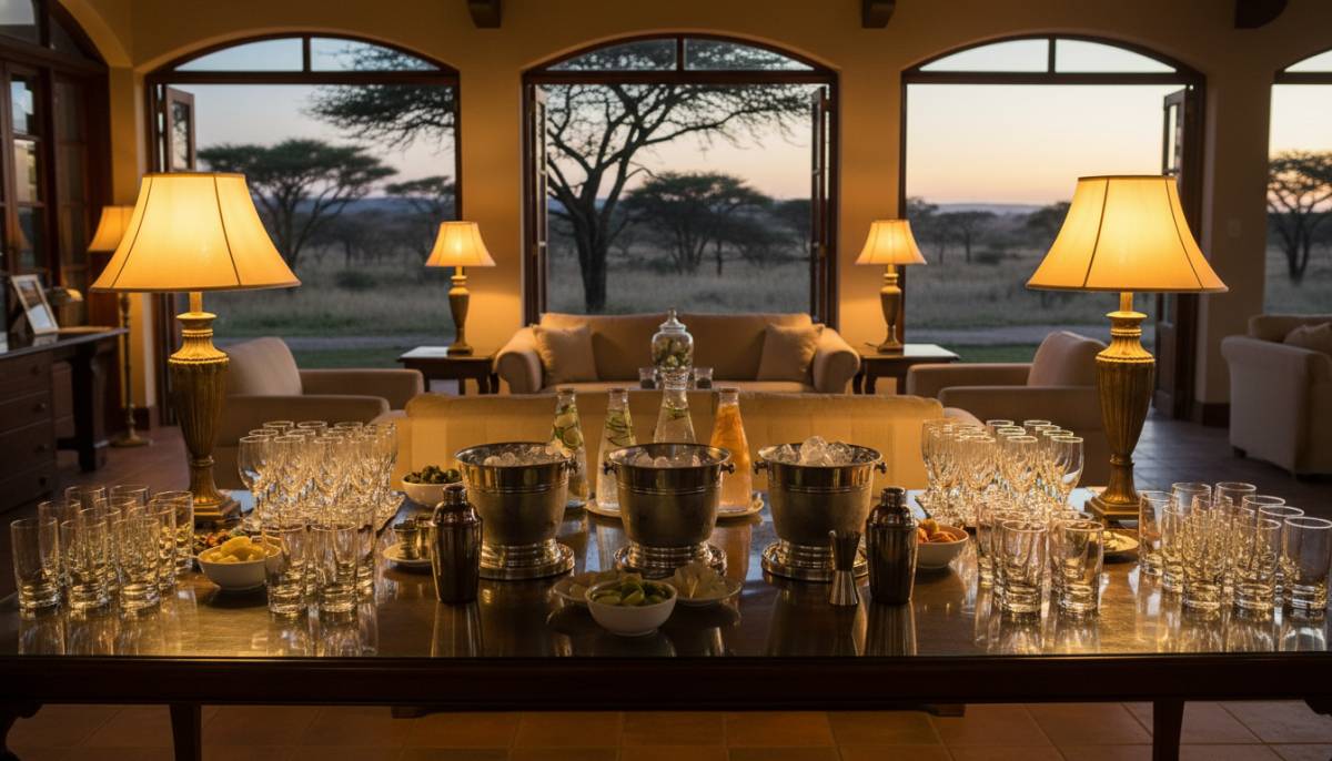 Prepared drinks table in an estate clubhouse