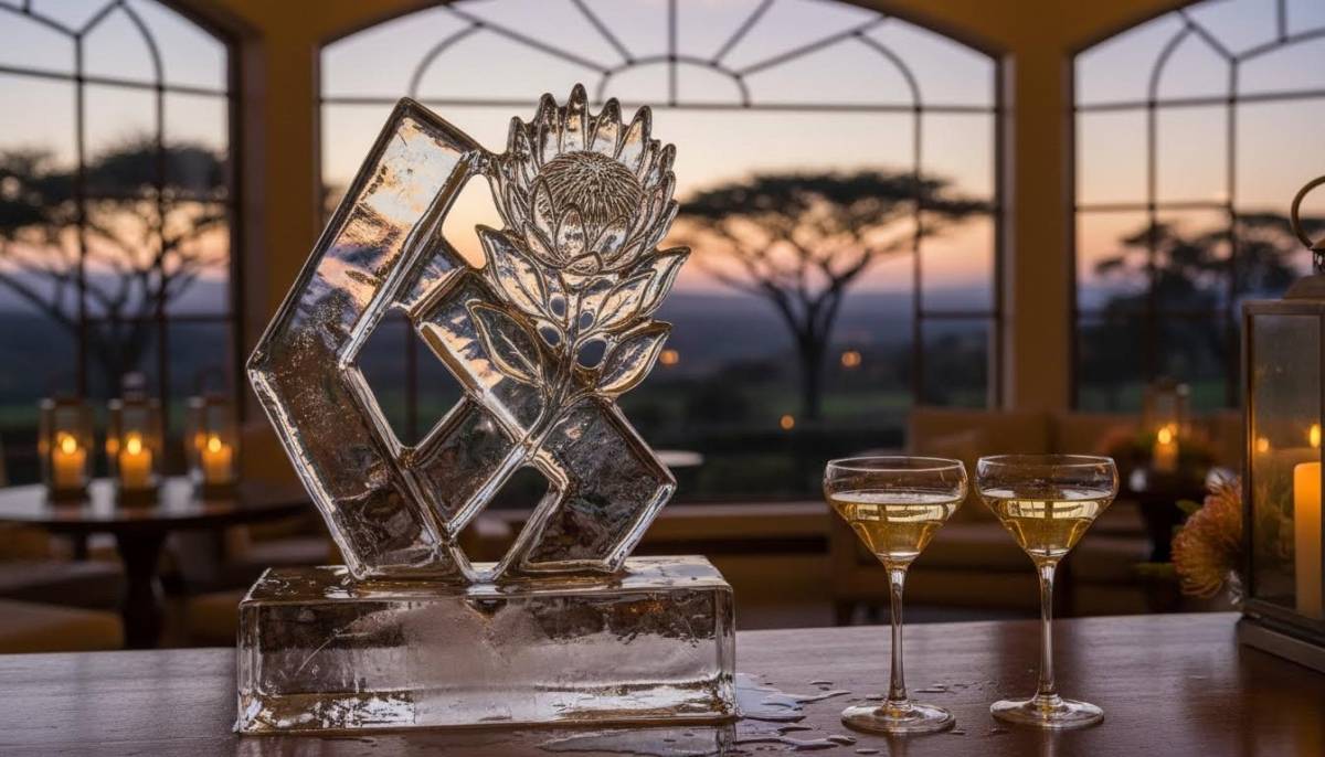 Ice sculpture next to champagne glasses