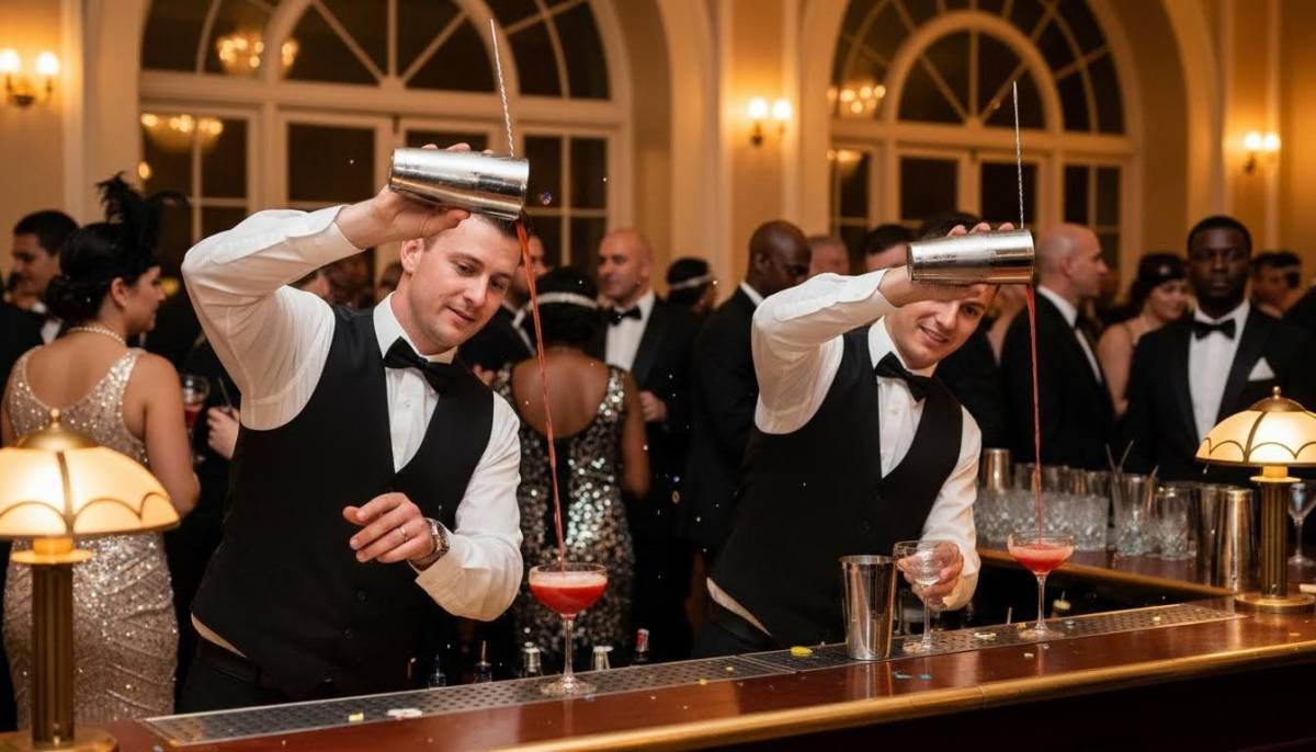 Bartenders serving cocktails at a Gatsby dinner
