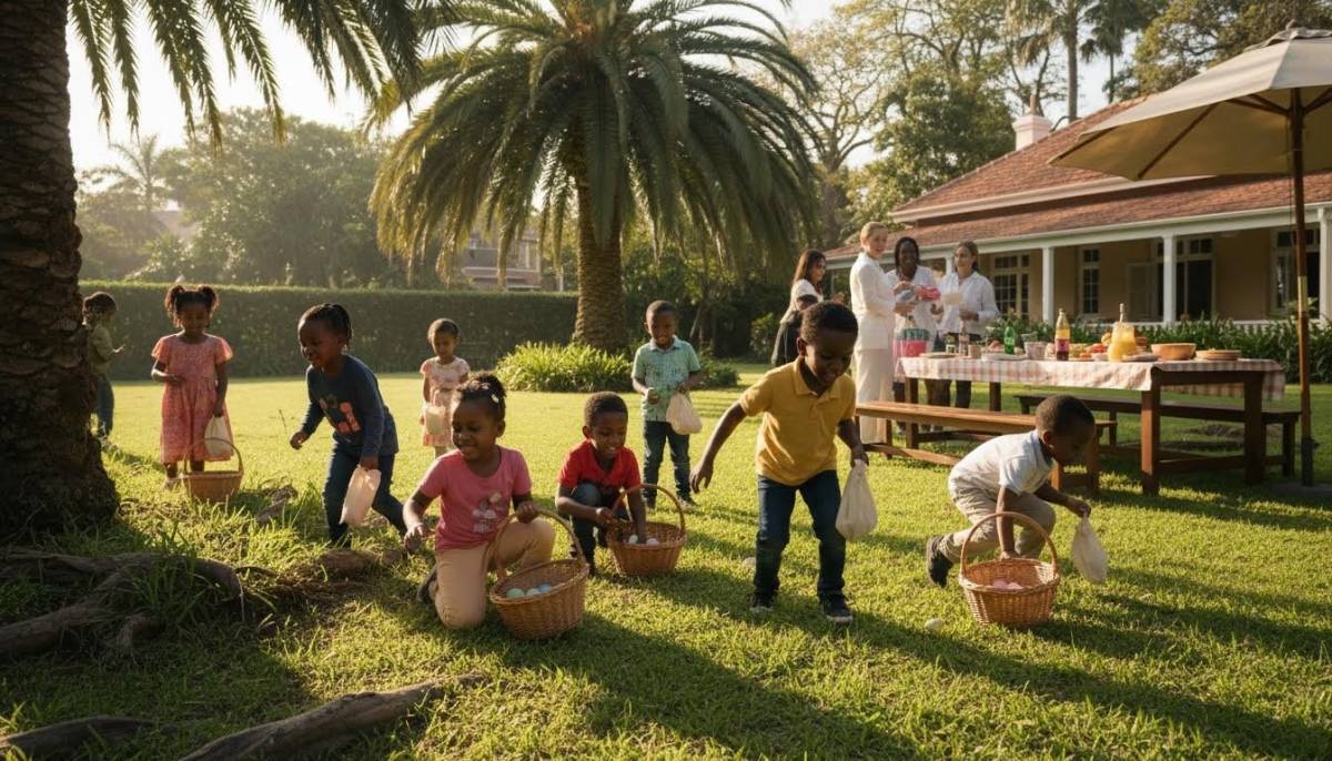 Children at an Easter egg hunt on a lawn