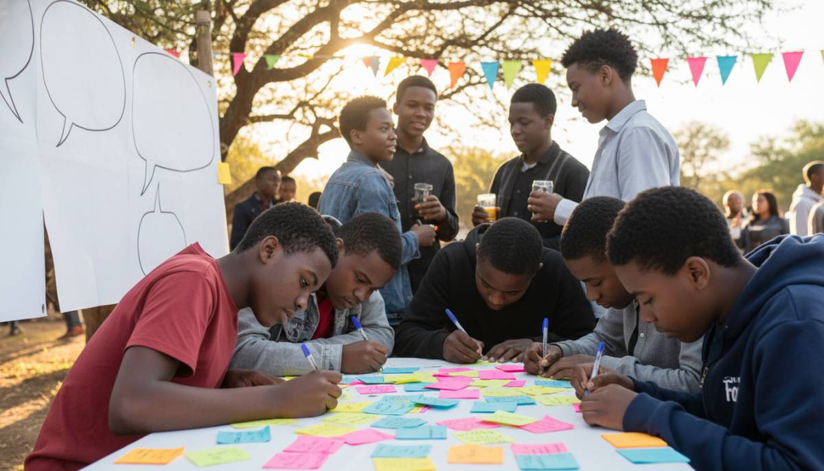 Teenagers writing notes at a workshop table