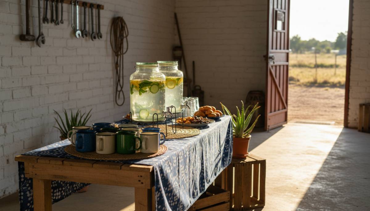 Refreshment table with water and mugs