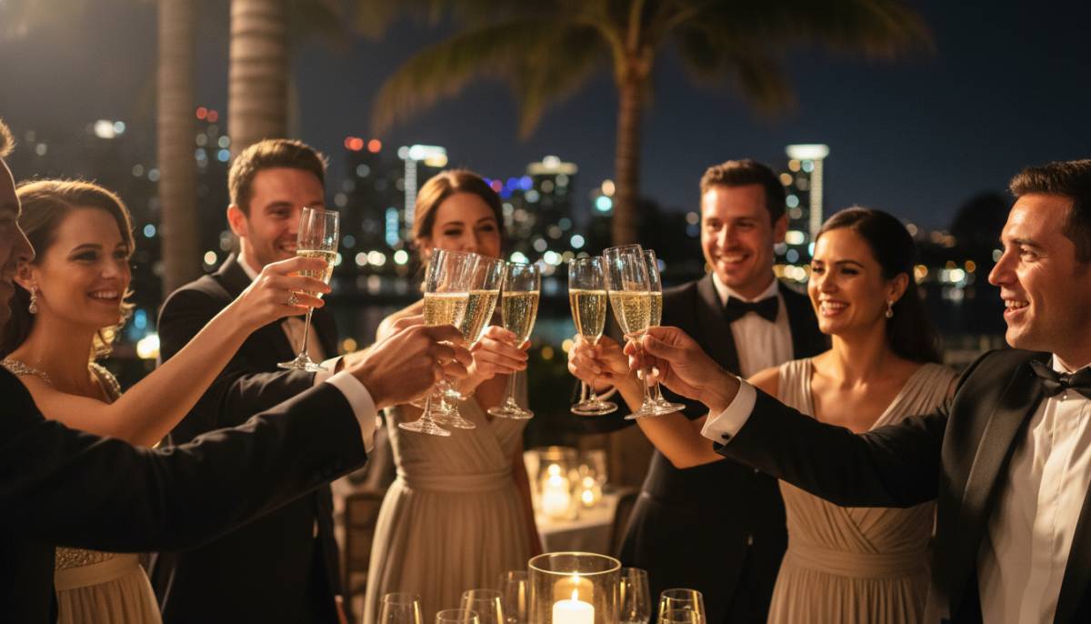 Guests raising glasses during a Bond themed toast