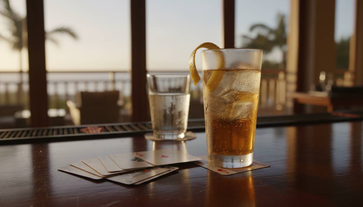 Whisky highball beside cards