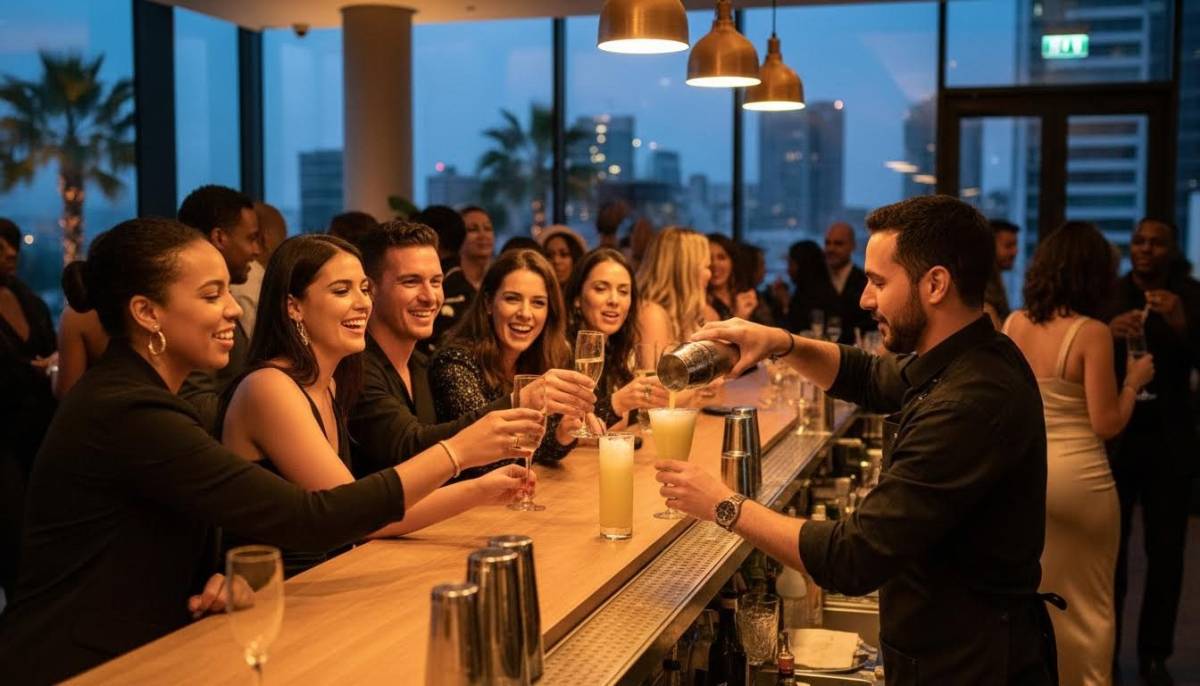 Bartender serving guests at a Bond themed party