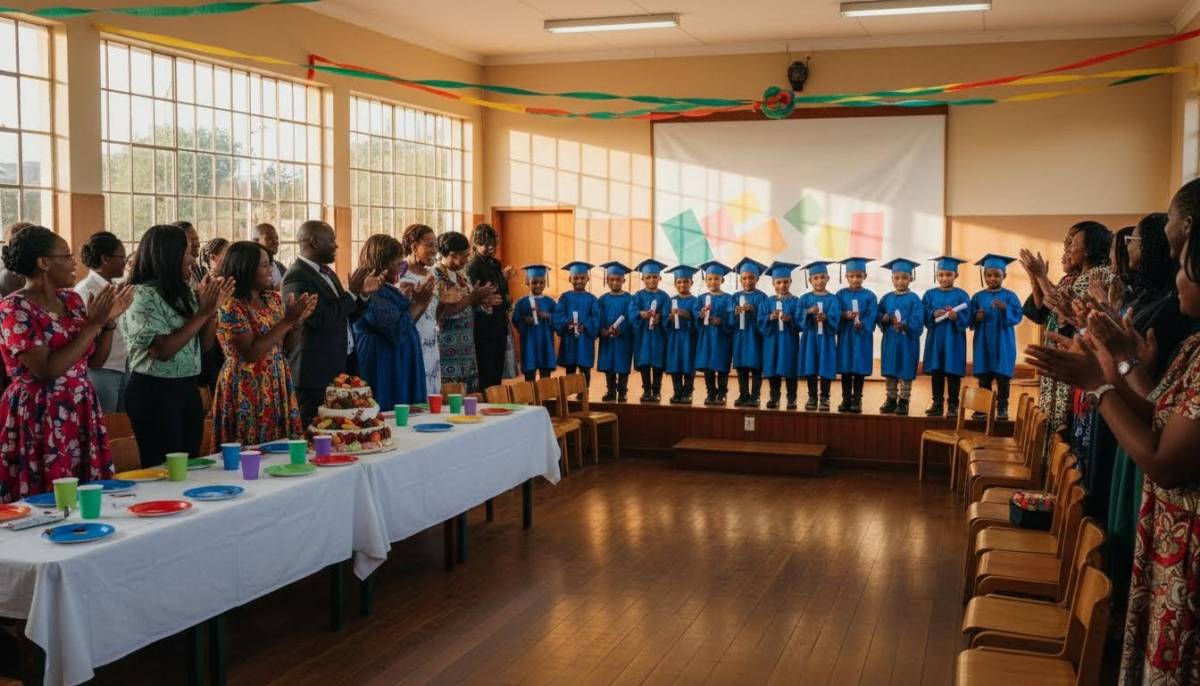 Children graduating while families clap