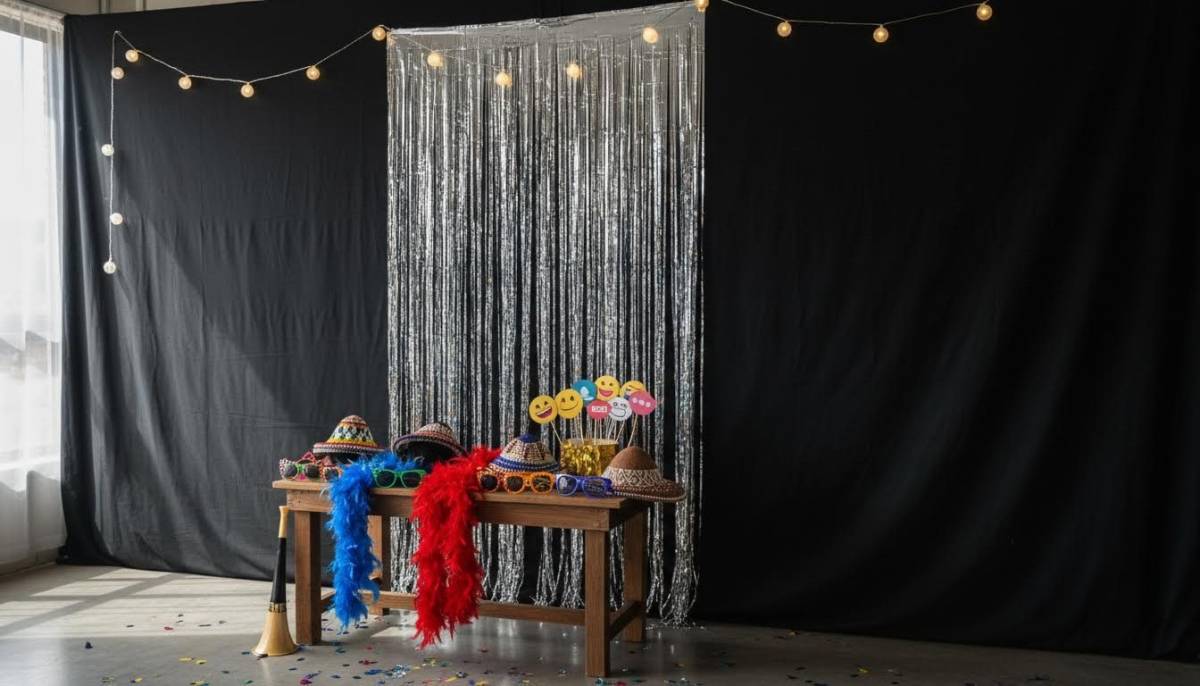 Photo booth corner with silver curtain