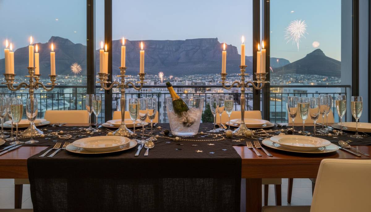 Styled New Year's Eve table with black linen
