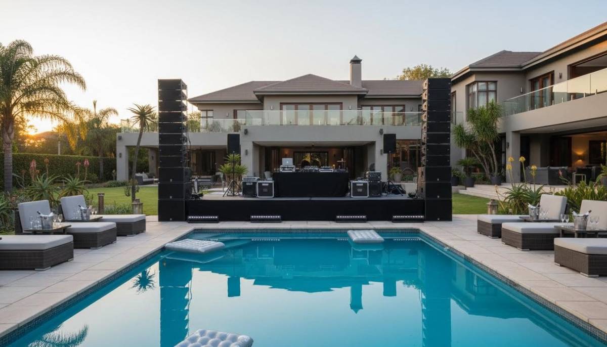 Speakers set beside a pool for a party