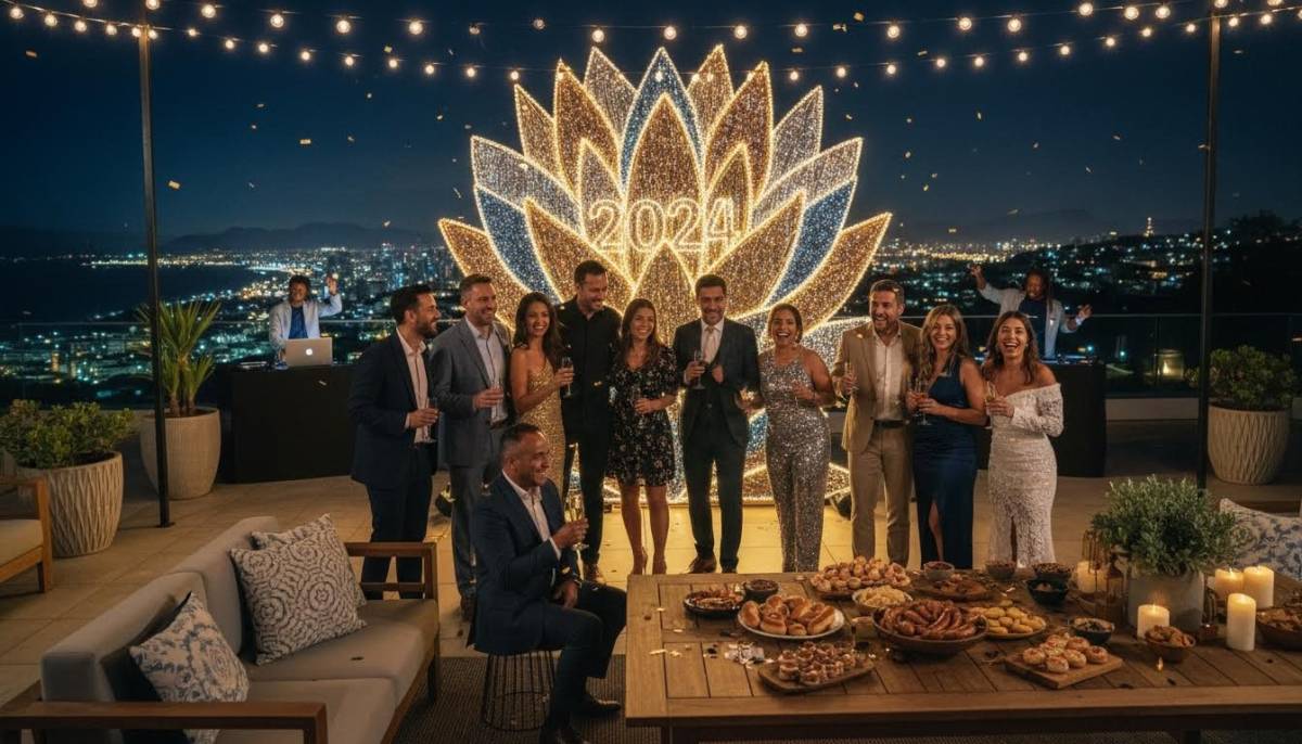 Guests posing at a party backdrop