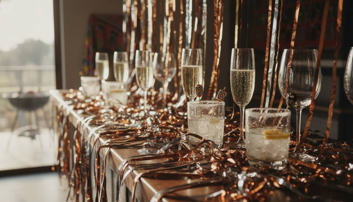 Metallic streamers and glassware on a bar