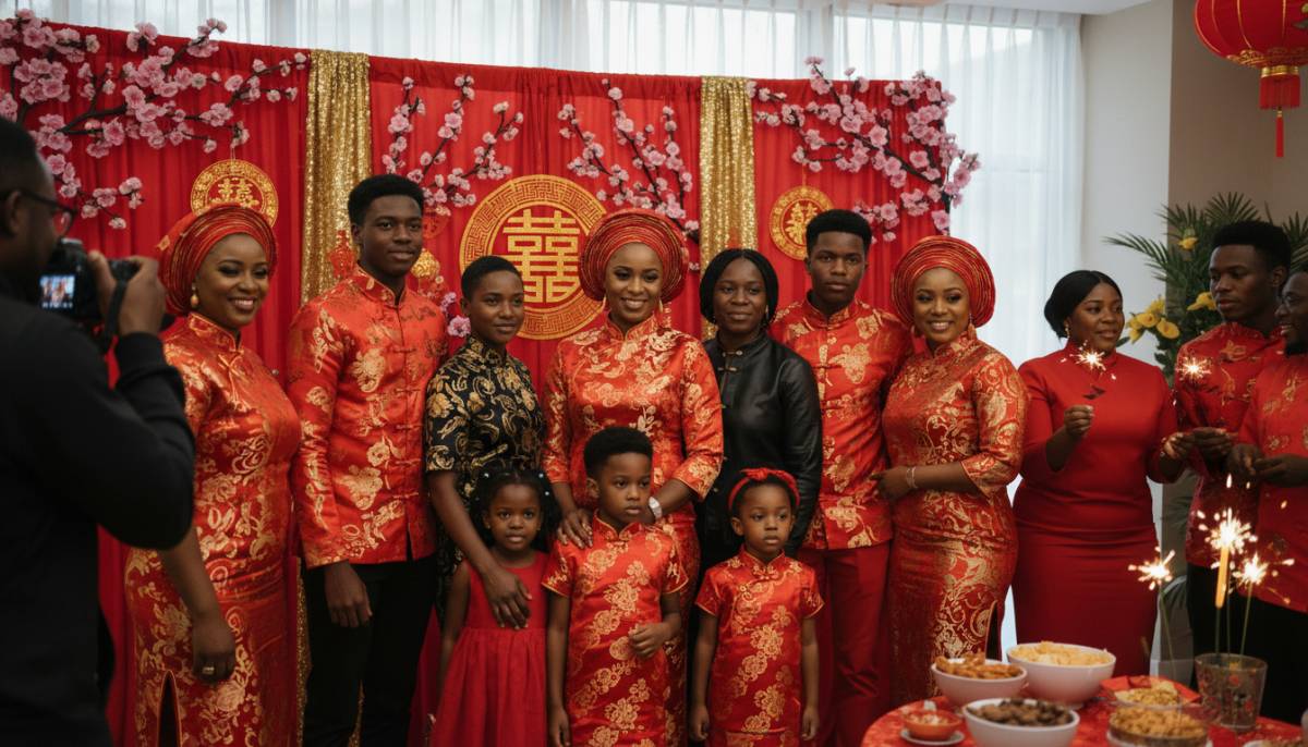 Guests taking family photos at a Lunar New Year backdrop