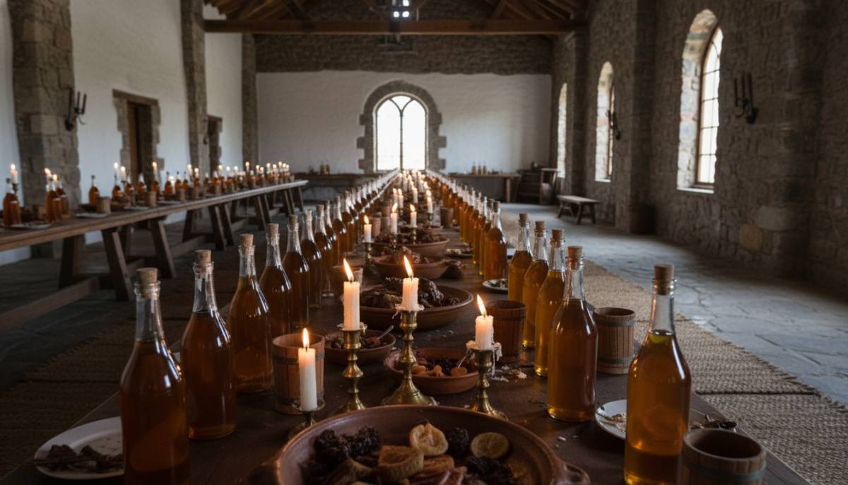 Medieval banquet table with mead bottles