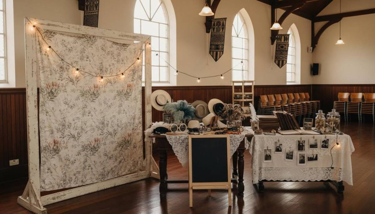 Photo booth setup beside a memory table