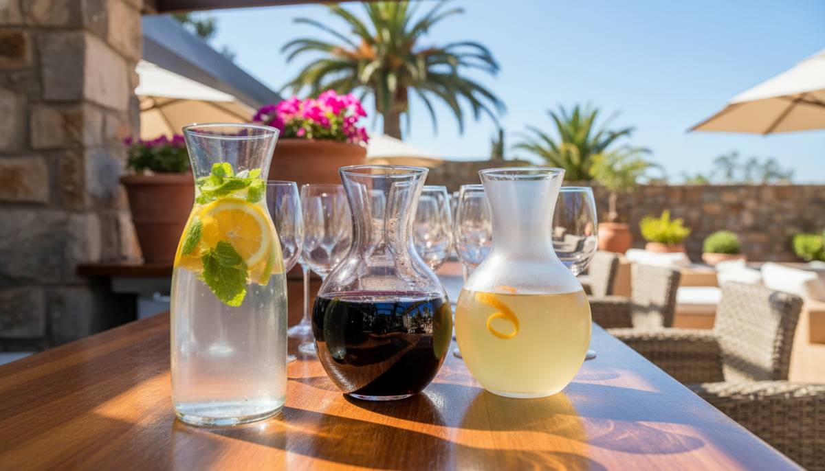 Glass carafes and local wine on a minimalist bar